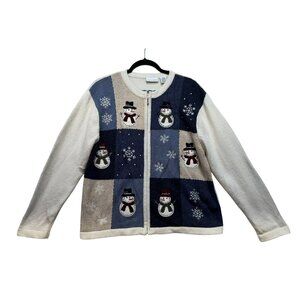 Vintage Croft & Barrow Snowman Cardigan Sweater L Ivory & Blue Holiday Christmas